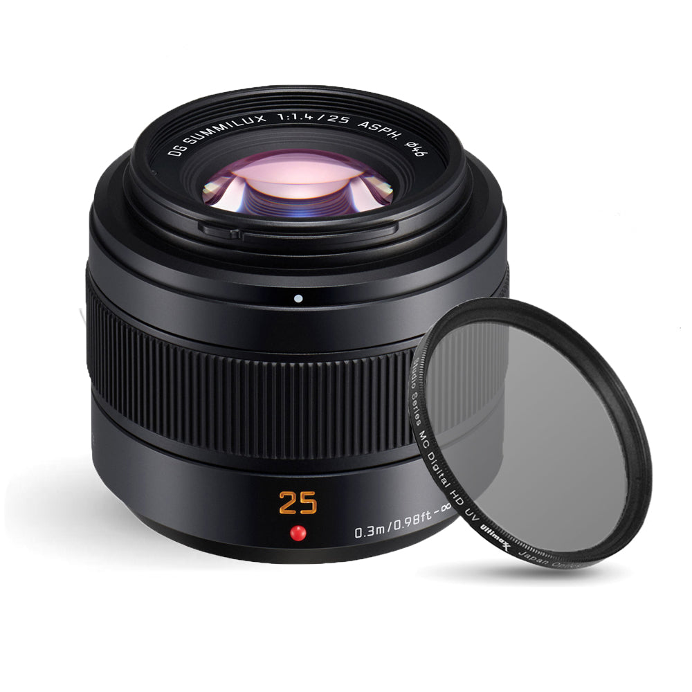 Panasonic Leica DG Summilux 25mm f/1.4 II ASPH. Objectif H-XA025 + ensemble de filtres UV