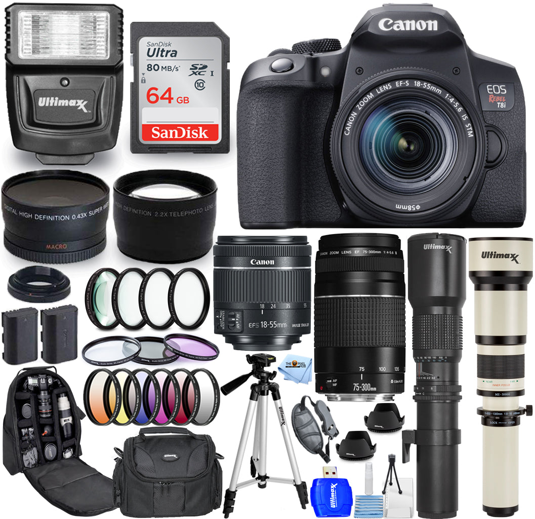 Canon EOS Rebel T8i avec 18-55 mm, 75-300 mm, 500 mm, 650-1300 mm - Offre groupée haut de gamme