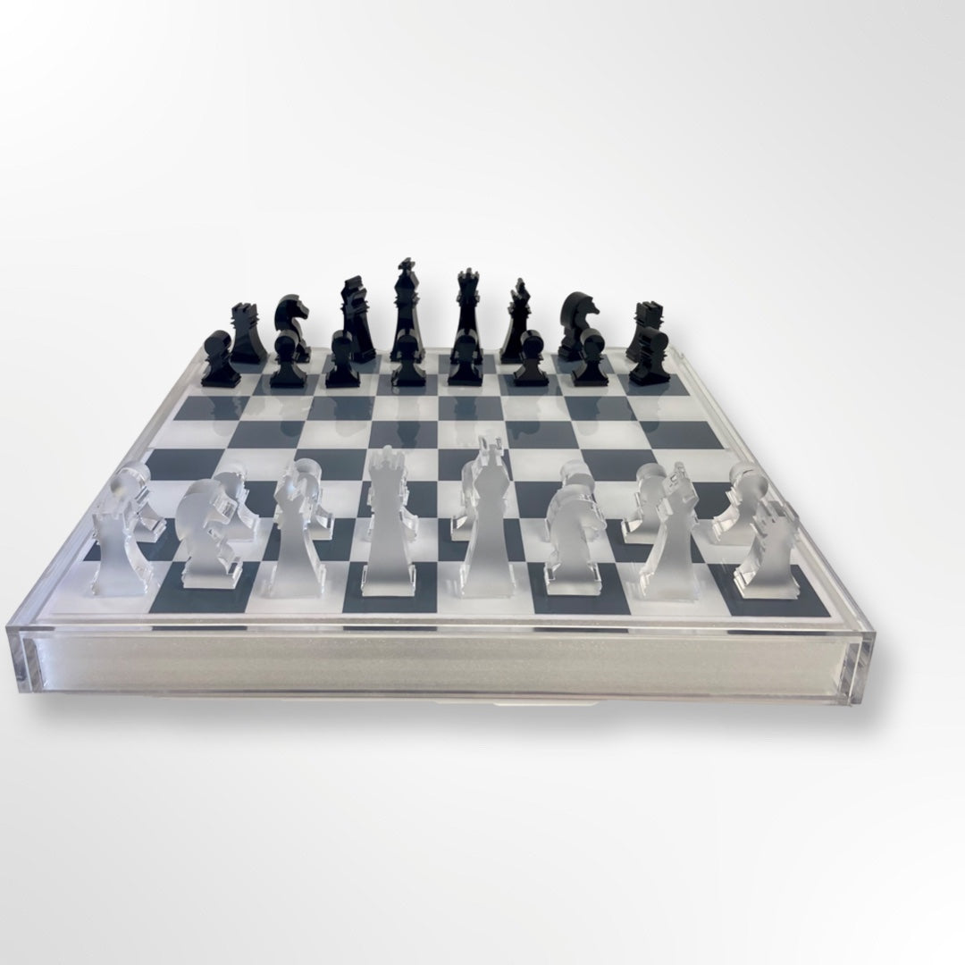 Lucite Acrylic Chess + Checkers Premium Set - Large 17.5" (Clear/White)