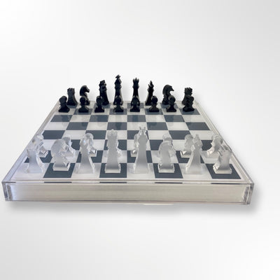 Lucite Acrylic Chess + Checkers Premium Set - Large 17.5" (Clear/White)