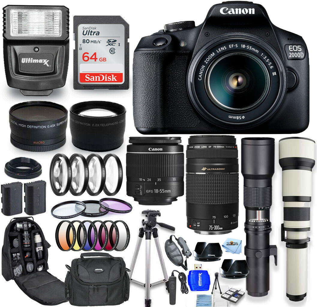 Canon EOS 2000D / Rebel T7 18-55 mm + 75-300 mm + 500 mm + 650-1300 mm 64 Go