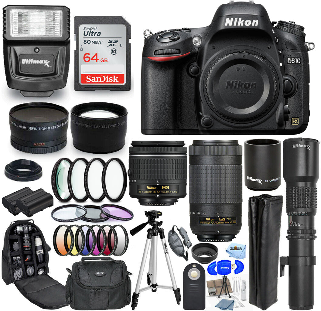 Appareil photo Nikon D610 avec objectifs 18-55 mm + 70-300 mm + 500 mm - Ensemble d'accessoires 30PC