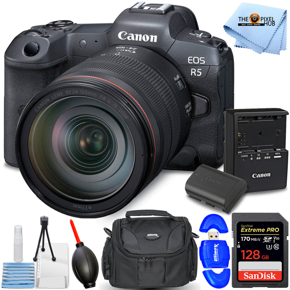 Appareil photo sans miroir Canon EOS R5 avec objectif 24-105 mm f/4 - Ensemble d'accessoires 7 pièces