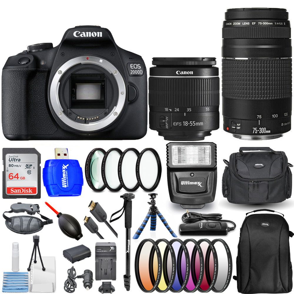 Canon EOS 2000D / Rebel T7 4 objectifs 18-55 mm + 75-300 mm + 64 Go