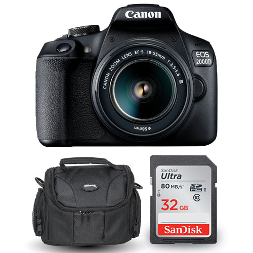 Canon EOS 2000D / Rebel T7 avec objectif EF-S 18-55 mm III + Sandisk 32 Go et étui