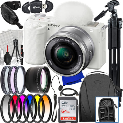 Appareil photo sans miroir Sony ZV-E10 avec objectif 16-50 mm (blanc) - Ensemble d'accessoires 15 pièces