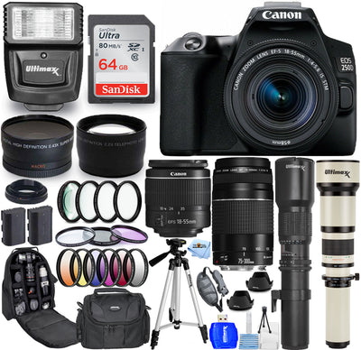 Canon EOS 250D / Rebel SL3 DSLR + 18-55 mm + 75-300 mm + 500 mm + 650-1300 mm