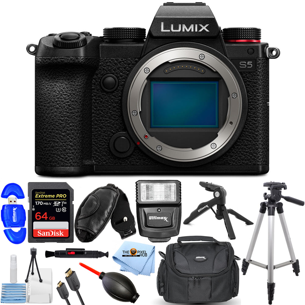 Appareil photo numérique sans miroir Panasonic Lumix DC-S5 (boîtier) + 64 Go + Flash Bundle