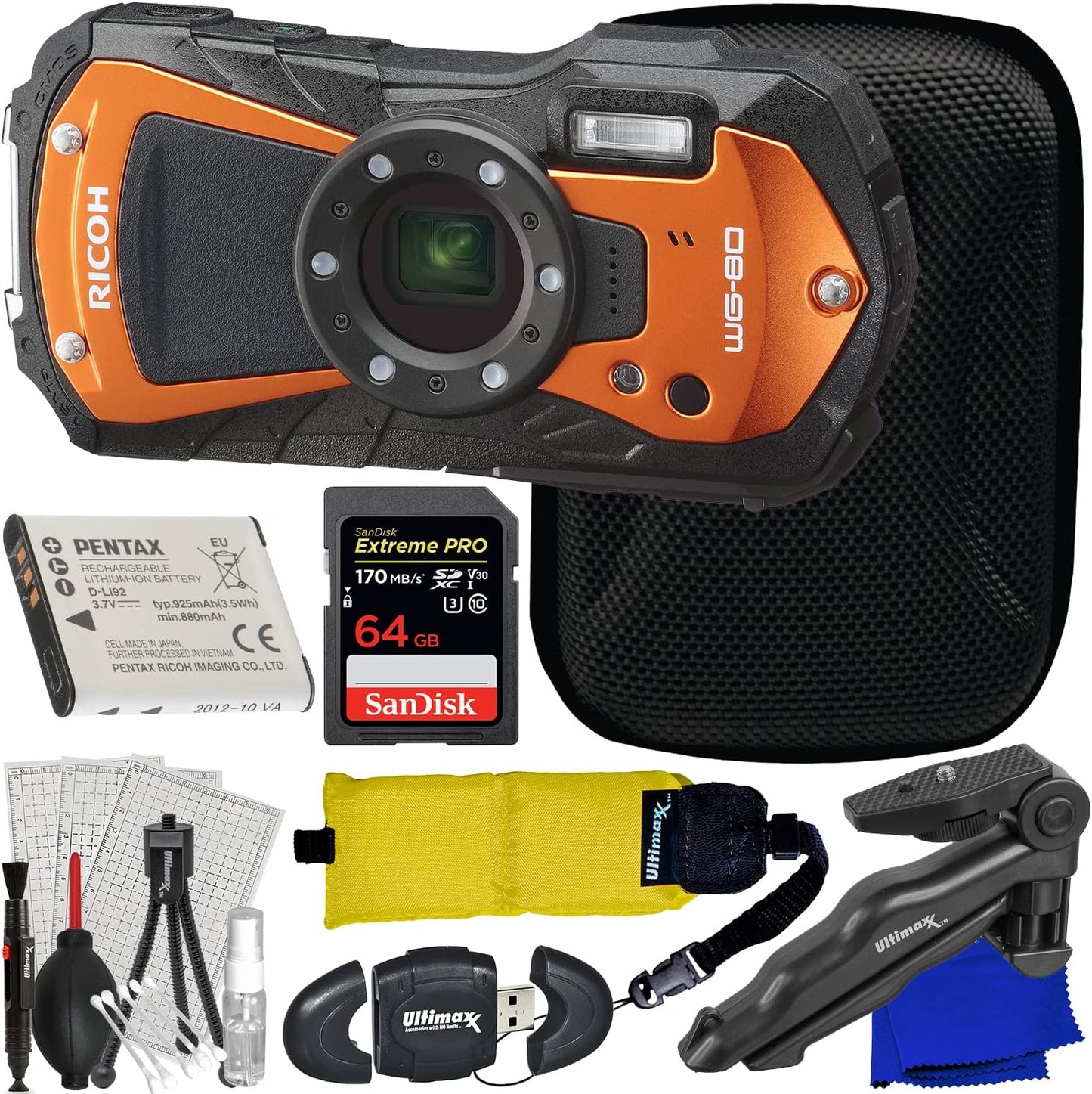 Appareil photo numérique Ricoh WG-80 (Orange) 03128 - Ensemble d'accessoires 64 Go