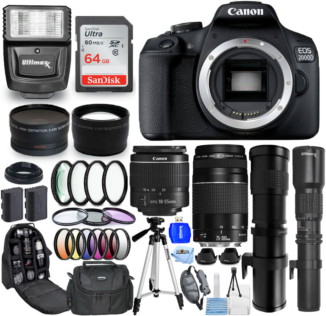 Canon EOS 2000D/Rebel T7 18-55mm III + 75-300mm + 500mm + 420-800mm - 64GB Kit