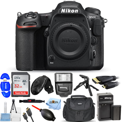 Appareil photo reflex numérique Nikon D500 (boîtier uniquement) 1559 + BATTERIE EXT + 64 Go + Flash Bundle