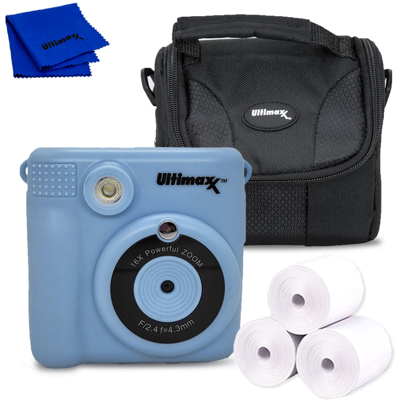 Ultimaxx Appareil photo à impression instantanée (bleu) pour enfants et adolescents âgés de 8 à 12 ans débutants avec 3 rouleaux de papier d'impression Kit cadeau de Noël Micro SD 32 Go