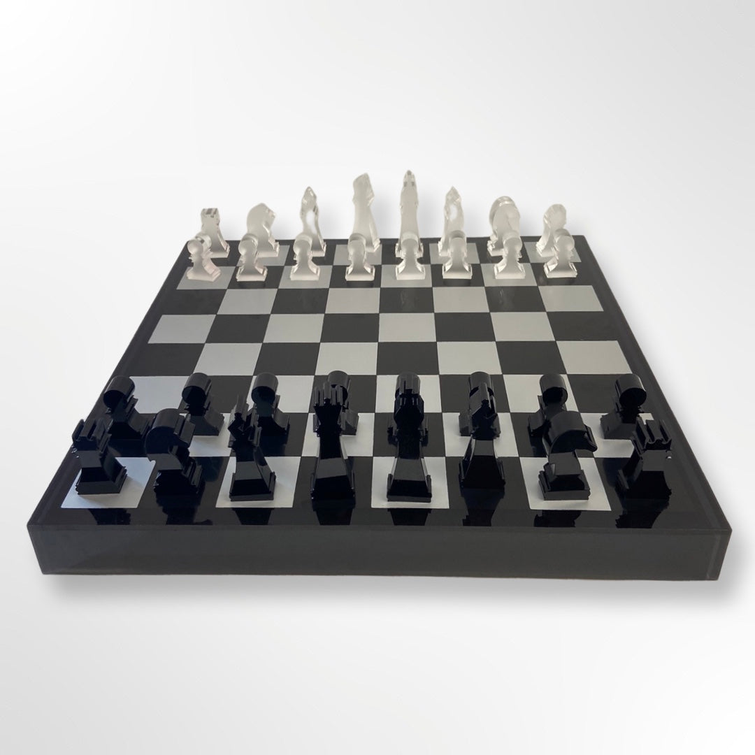 Lucite Acrylic Chess + Checkers Premium Set - Large 17.5" (Black/Silver)