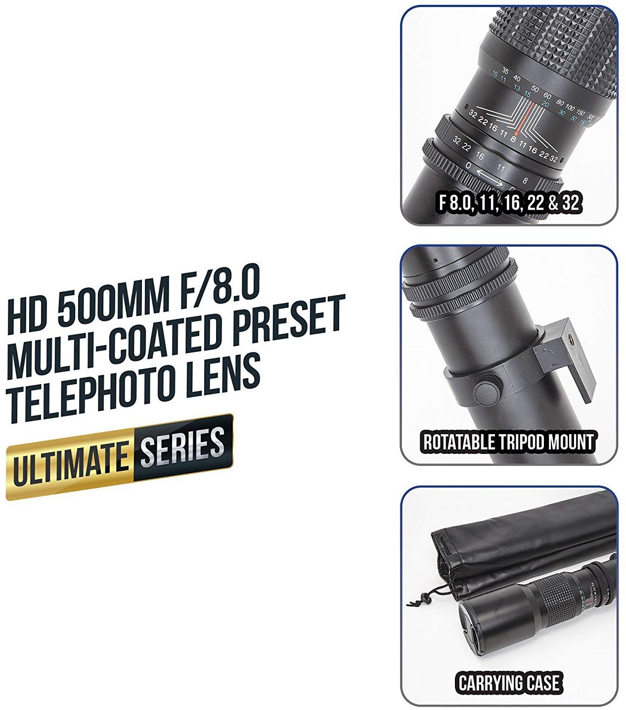 ULTIMAXX haute puissance 500 mm/1000 mm f/8 pour reflex numériques Canon avec kits de filtres + sac à dos