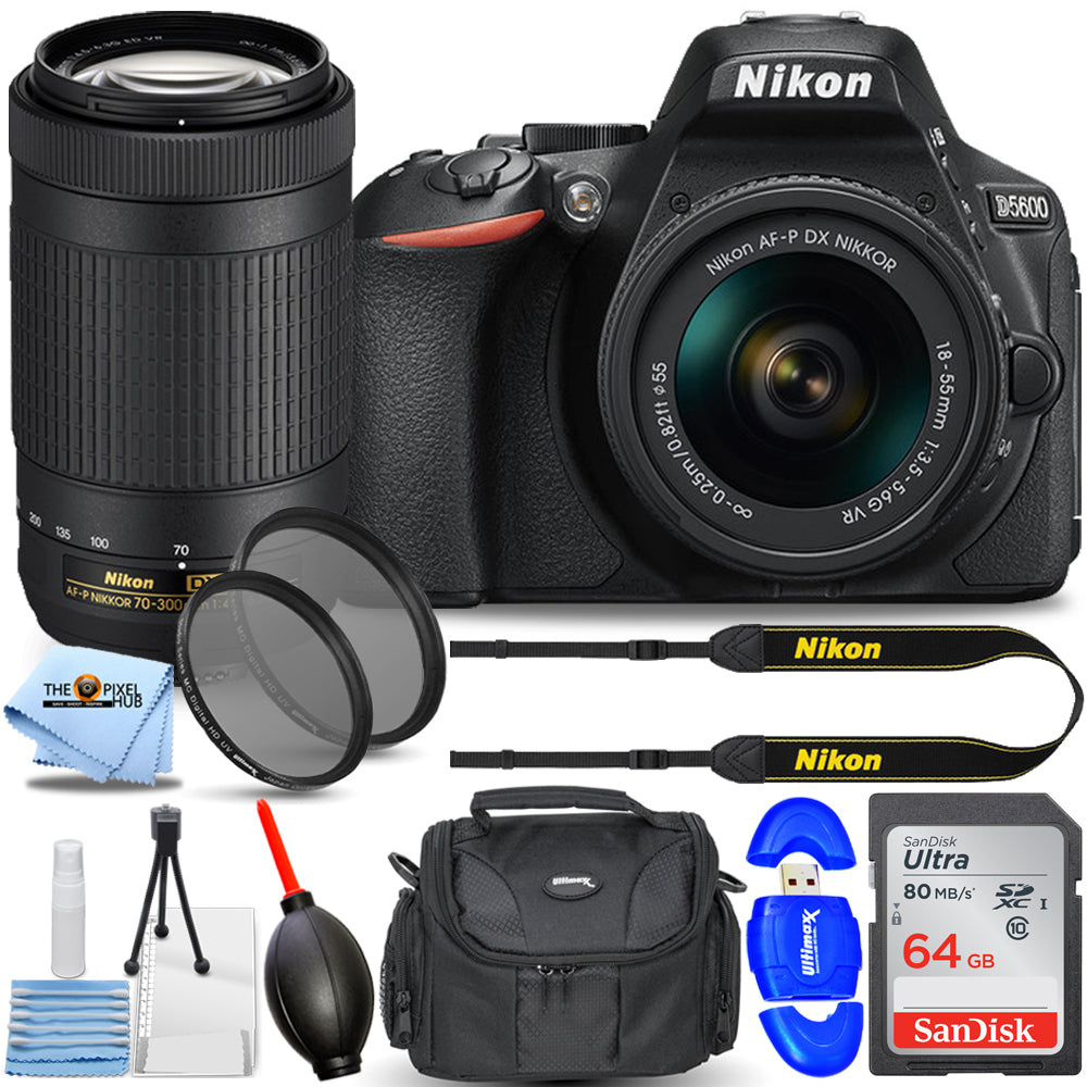 Appareil photo reflex numérique Nikon D5600 avec VR 18-55 mm et 70-300 mm - Pack essentiel de 64 Go