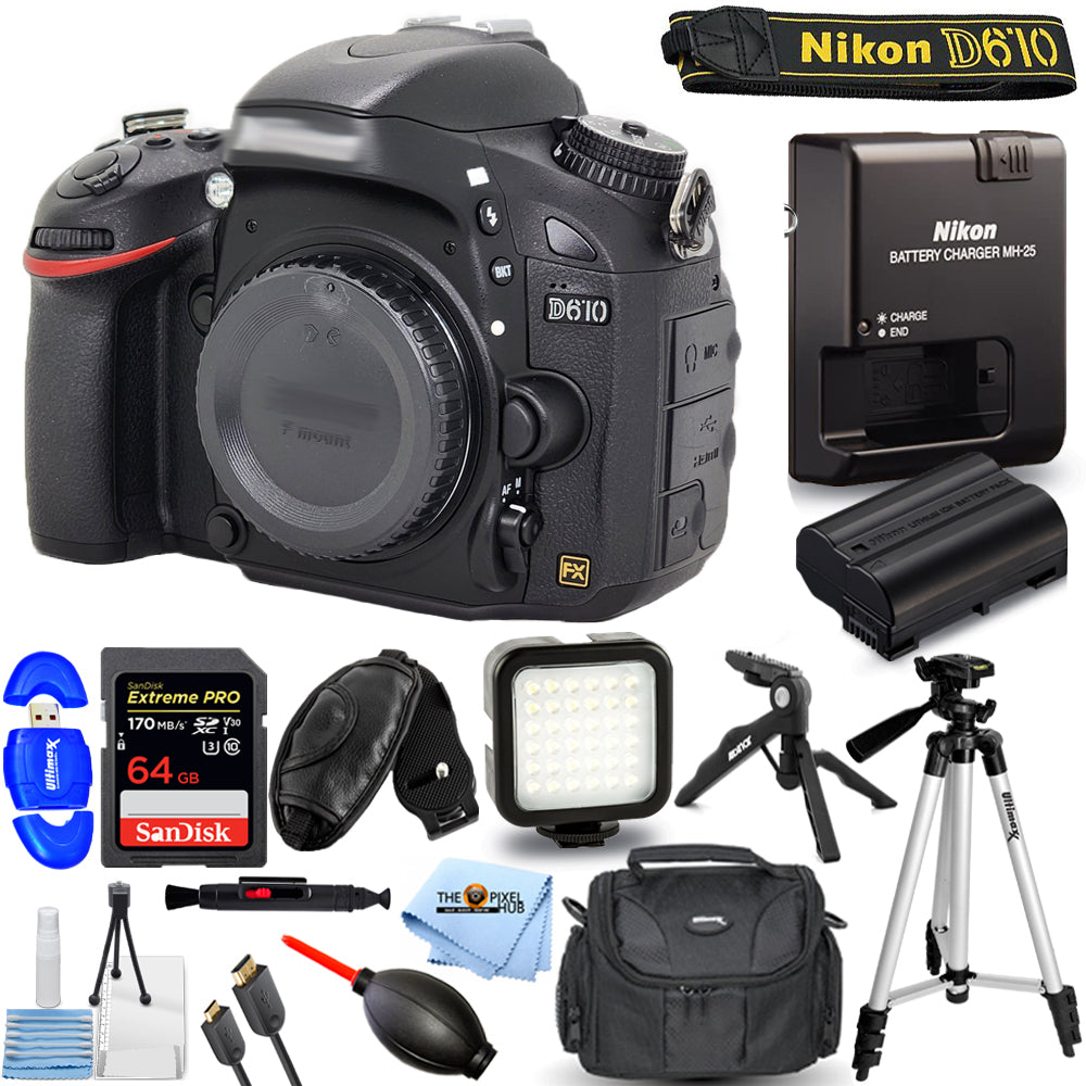 Appareil photo reflex numérique Nikon D610 (boîtier uniquement) 1540 + 64 Go + kit d'éclairage LED + ensemble trépied