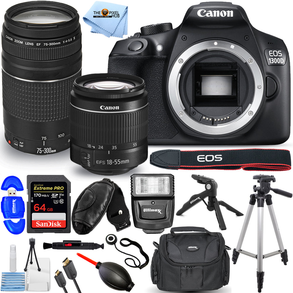 Canon EOS 3000D / T100 DSLR + 18-55 mm III + Objectif 75-300 mm + 64 Go + Flash Bundle