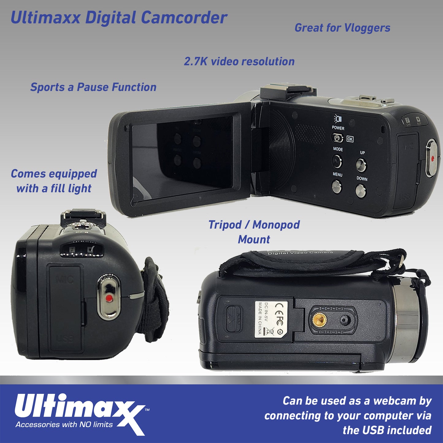 Caméscope vidéo Ultimaxx 4K Ultra HD avec lumière LED 42 MP, zoom numérique 18x avec télécommande, écran LCD 3,0" Cadeau de Noël