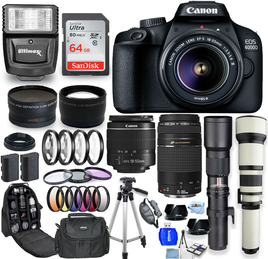 Canon EOS 4000D / Rebel T100 18-55 mm + 75-300 mm + 500 mm + 650-1300 mm 64 Go