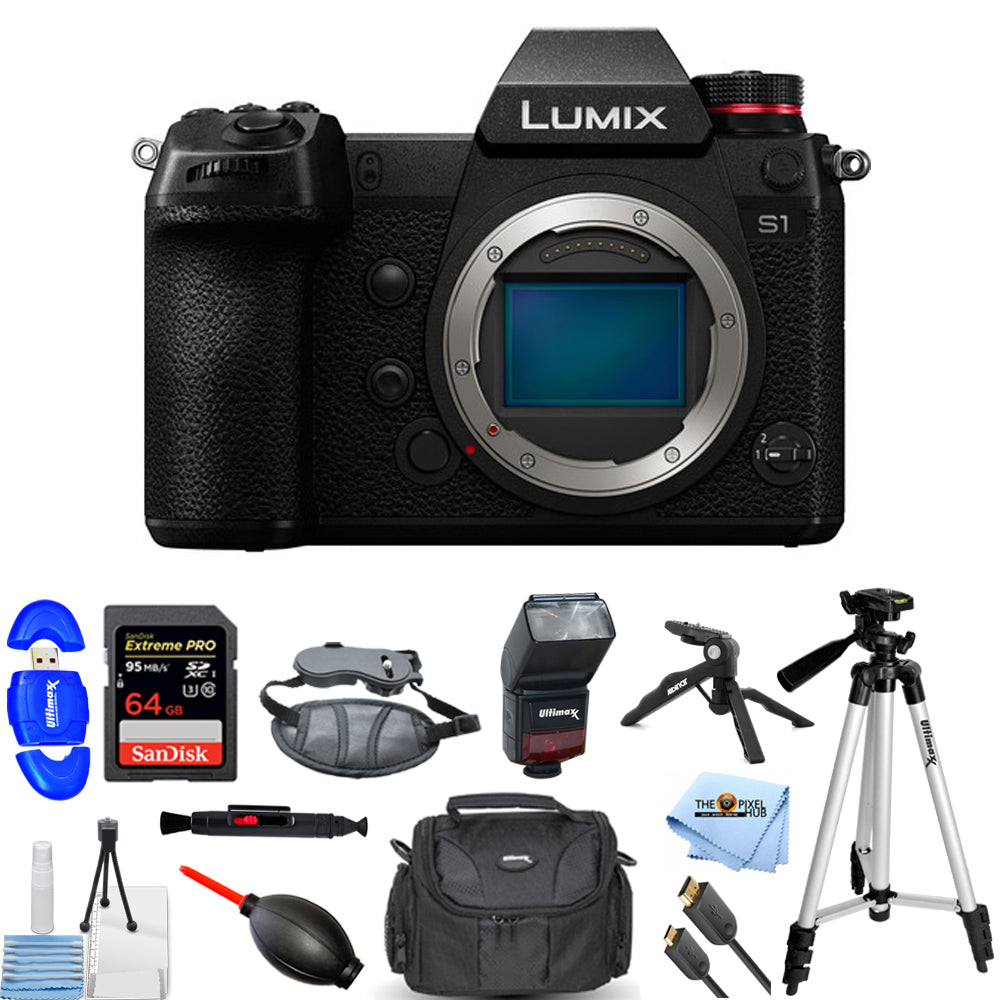 Panasonic Lumix DC-S1 Appareil photo sans miroir (boîtier uniquement) Ensemble trépied flash 64 Go