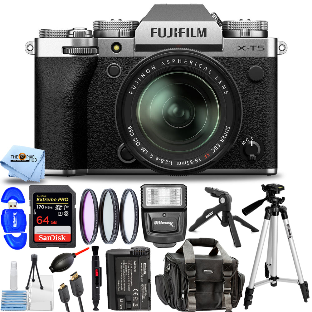 Appareil photo sans miroir FUJIFILM X-T5 avec objectif 18-55 mm argenté - Ensemble d'accessoires 14 pièces