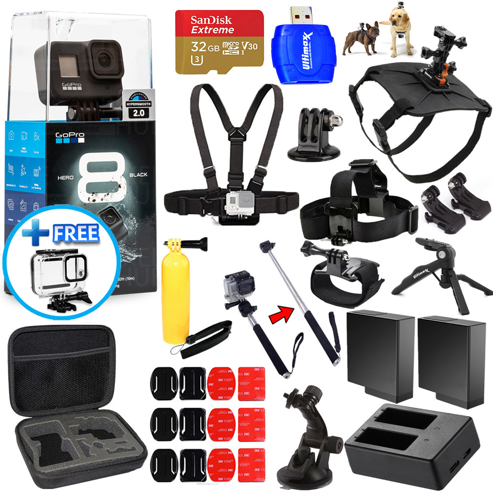 GoPro HERO8 HERO 8 Black - MÉGA KIT D'ACCESSOIRES Tout-en-1 + BATTERIE EXT + Bundle 32 Go