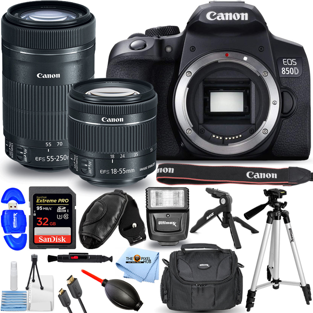 Reflex numérique Canon EOS 850D avec 18-55 mm + 55-250 mm + 32 Go + Flash Bundle