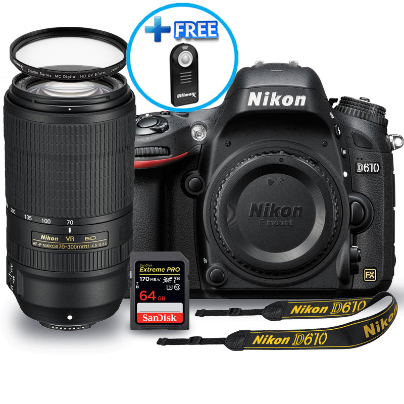 Appareil photo Nikon D610 avec objectif 70-300 mm f/4.5-5.6E ED VR + pack Extreme Pro 64 Go