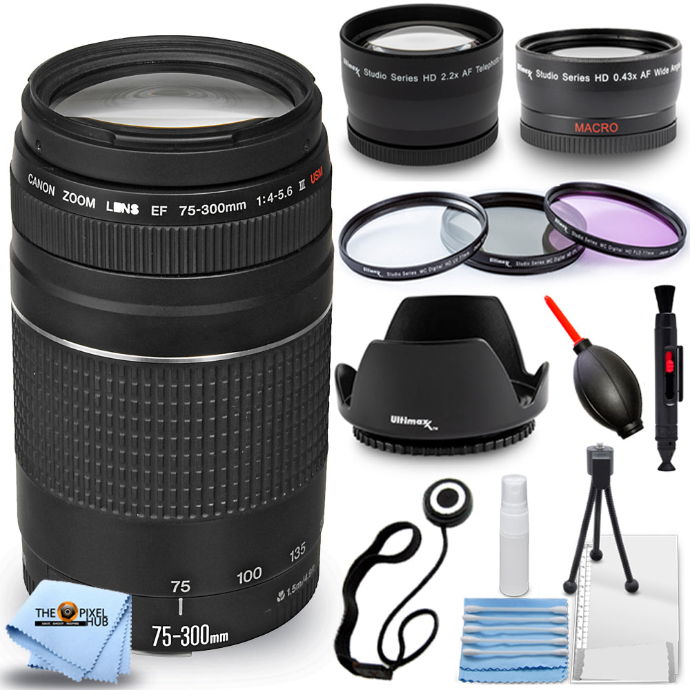 Canon EF 75-300mm f/4-5.6 III Lens (Black) + Telephoto and Wide Angle Lenses