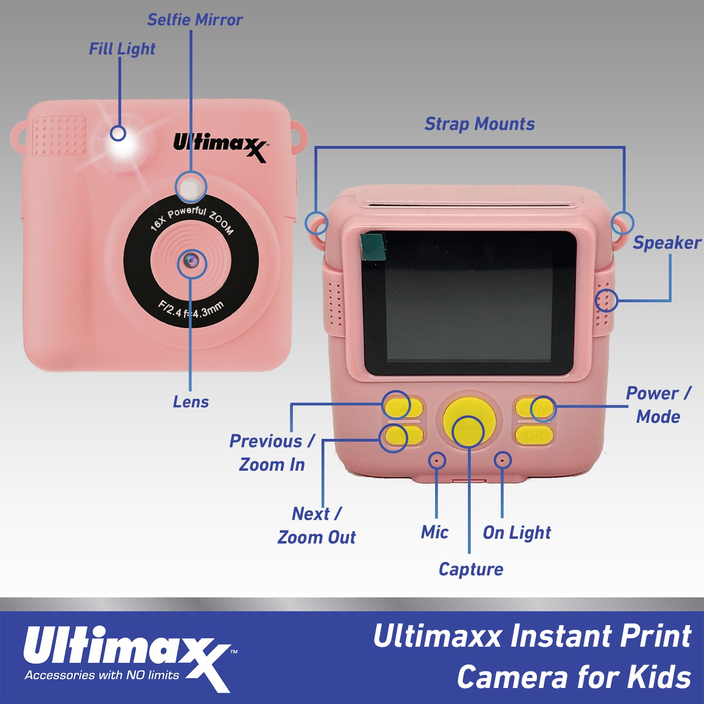 Ultimaxx Appareil photo à impression instantanée pour enfants et adolescents âgés de 8 à 12 ans débutants avec 3 rouleaux de papier d'impression Kit cadeau de Noël Micro SD 32 Go