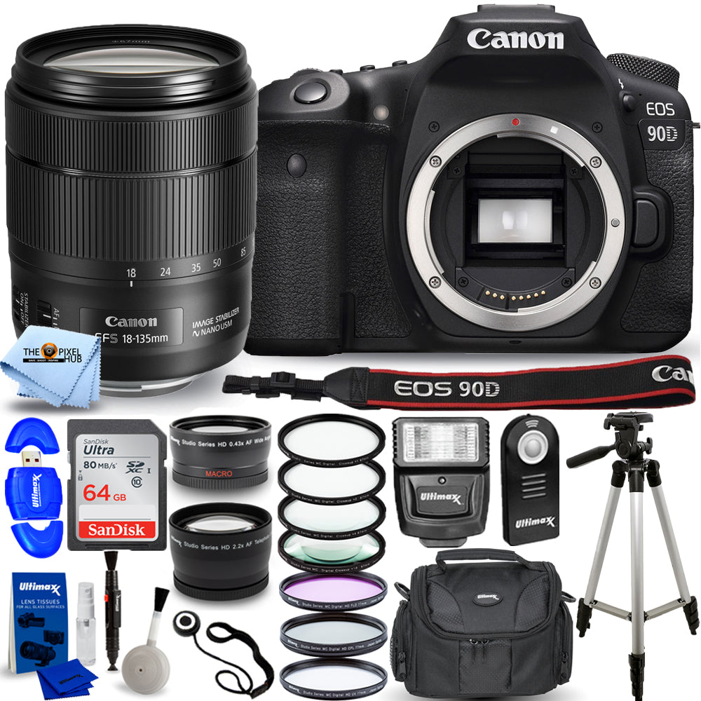 Canon EOS 90D DSLR Camera with 18-135mm Lens + 64GB + Flash + Filter Kit Bundle