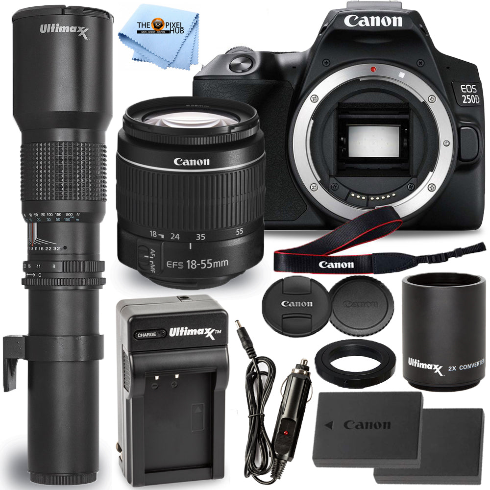 Canon EOS 250D/Rebel SL3 avec objectif 18-55 mm III + objectif 500 mm/1000 mm + pack EXT BATT