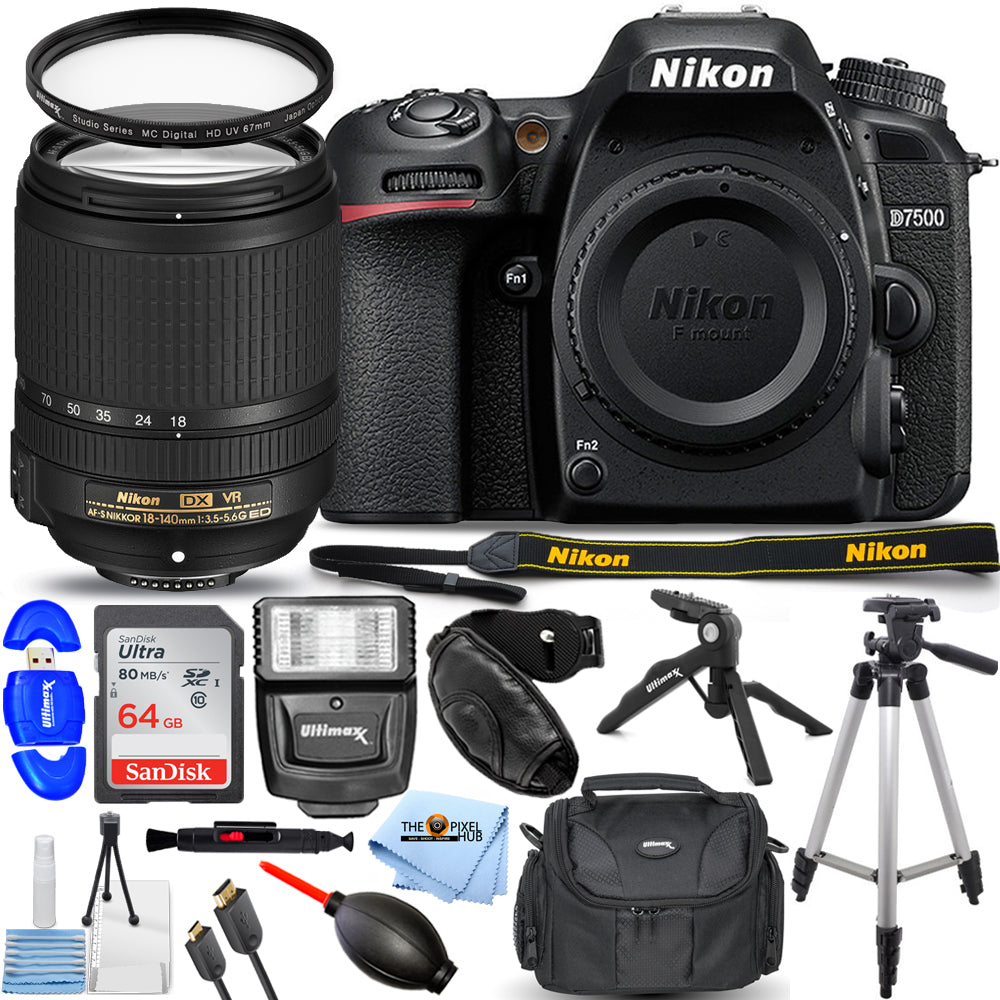 Nikon D7500 DSLR Camera with 18-140mm Lens + 64GB + Flash + Tripod Bundle