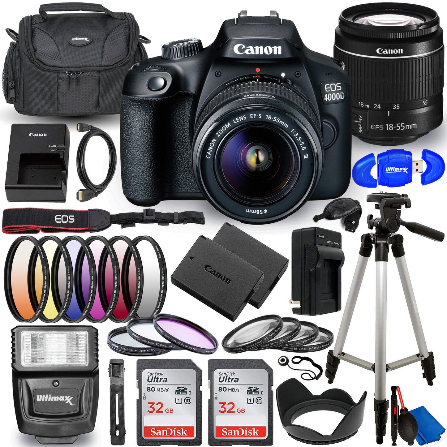 Canon EOS 4000D / Rebel T100 with 18-55mm III Lens - Top Value 64GB Bundle