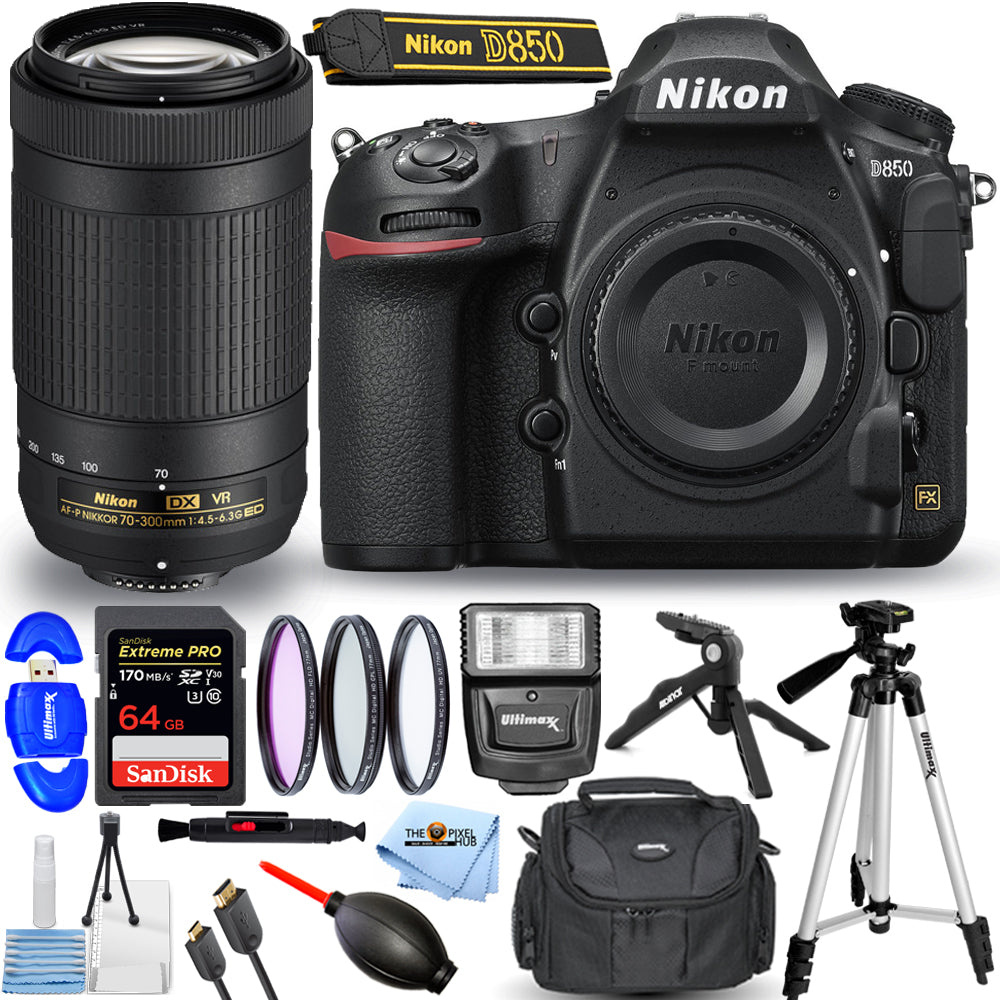 Nikon D850 DSLR Camera with 70-300mm ED VR Lens + 32GB + Flash + Tripods Bundle