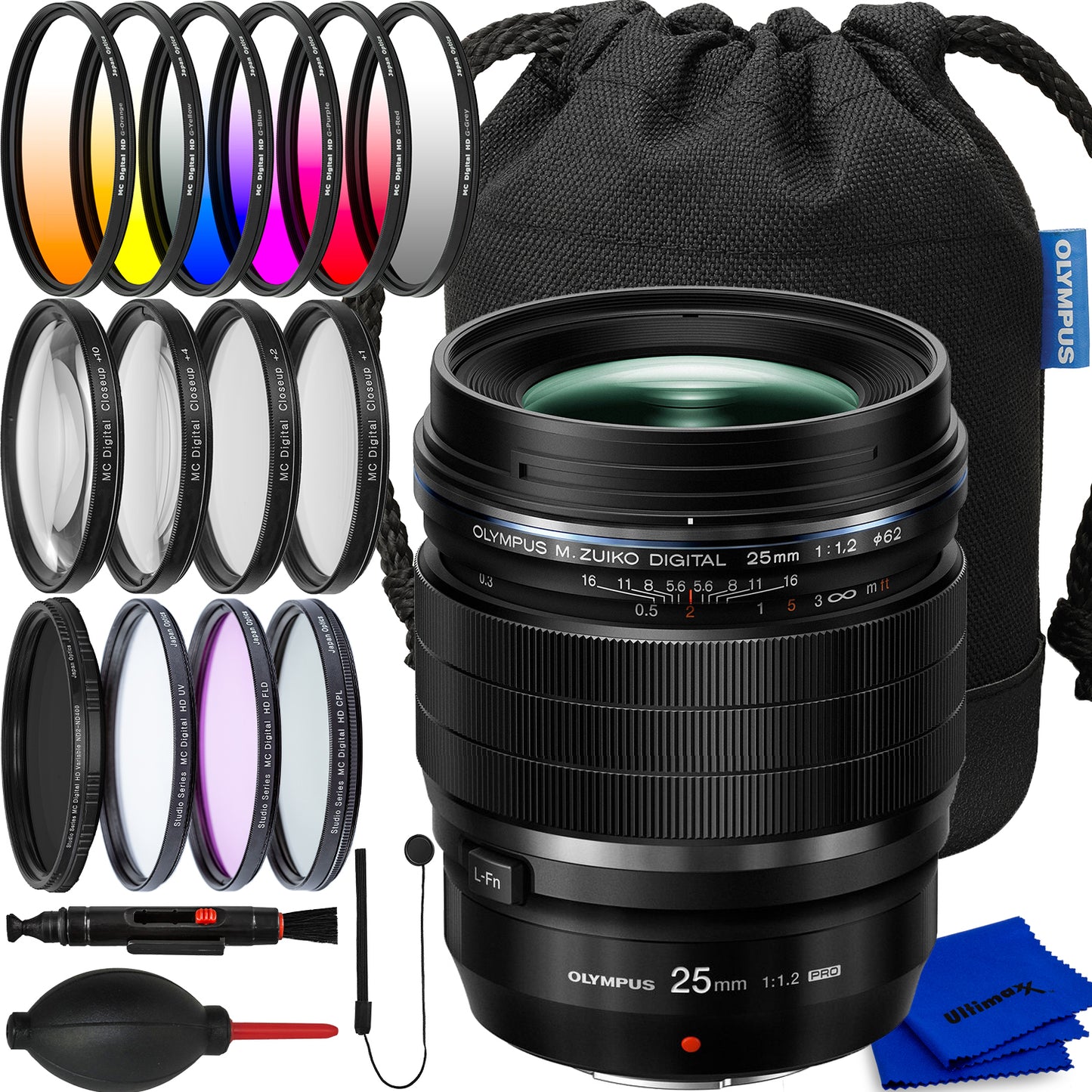 Objectif Olympus M.Zuiko Digital ED 25 mm f/1.2 PRO V311080BU000 - Kit d'accessoires 18 pièces