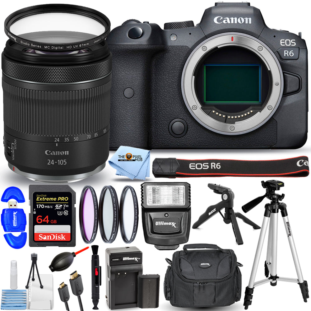 Appareil photo sans miroir Canon EOS R6 avec objectif 24-105 mm f/4-7.1 + BATTERIE EXT + Kit 64 Go