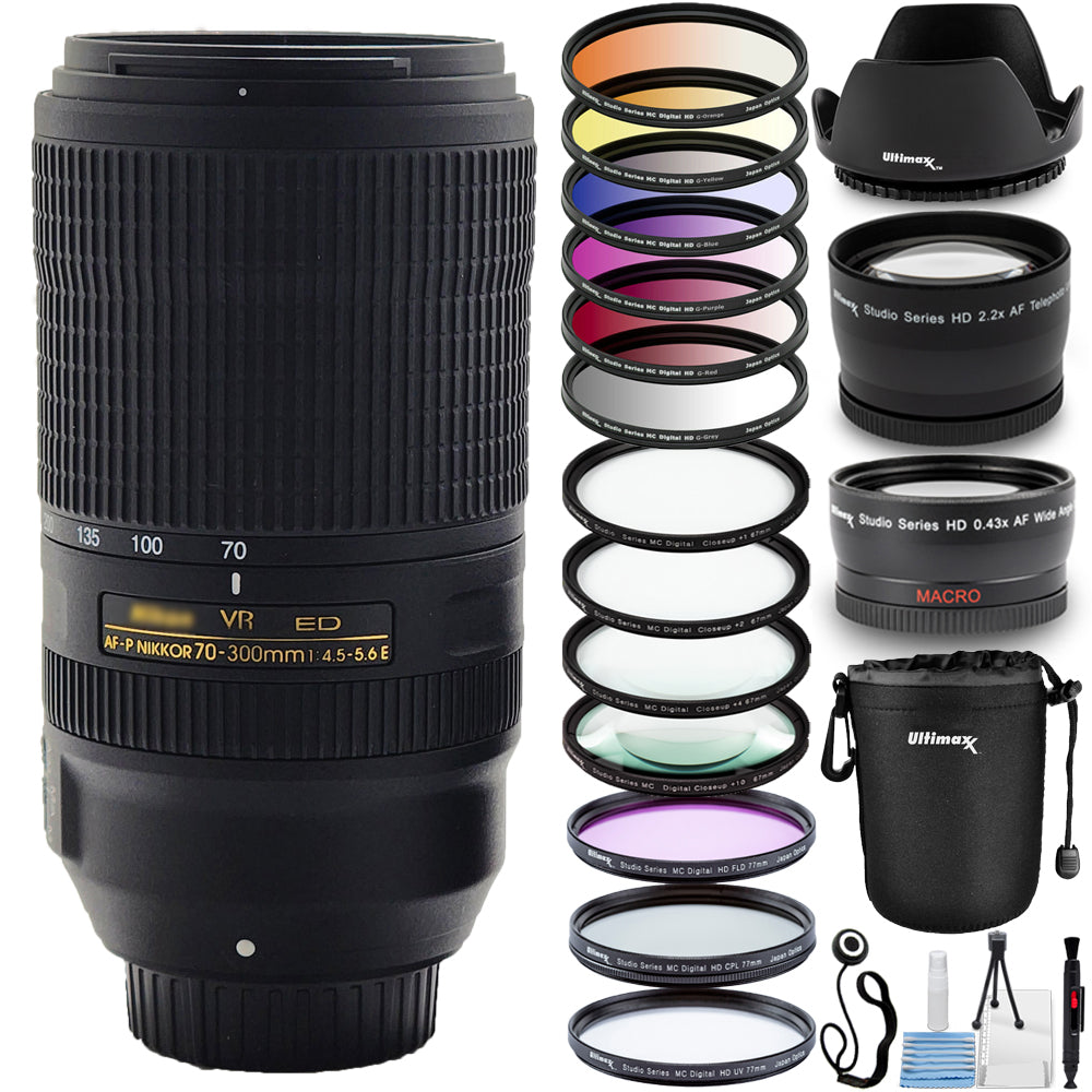 Objectif Nikon AF-P NIKKOR 70-300 mm f/4.5-5.6E ED VR + kits de filtres + pochette