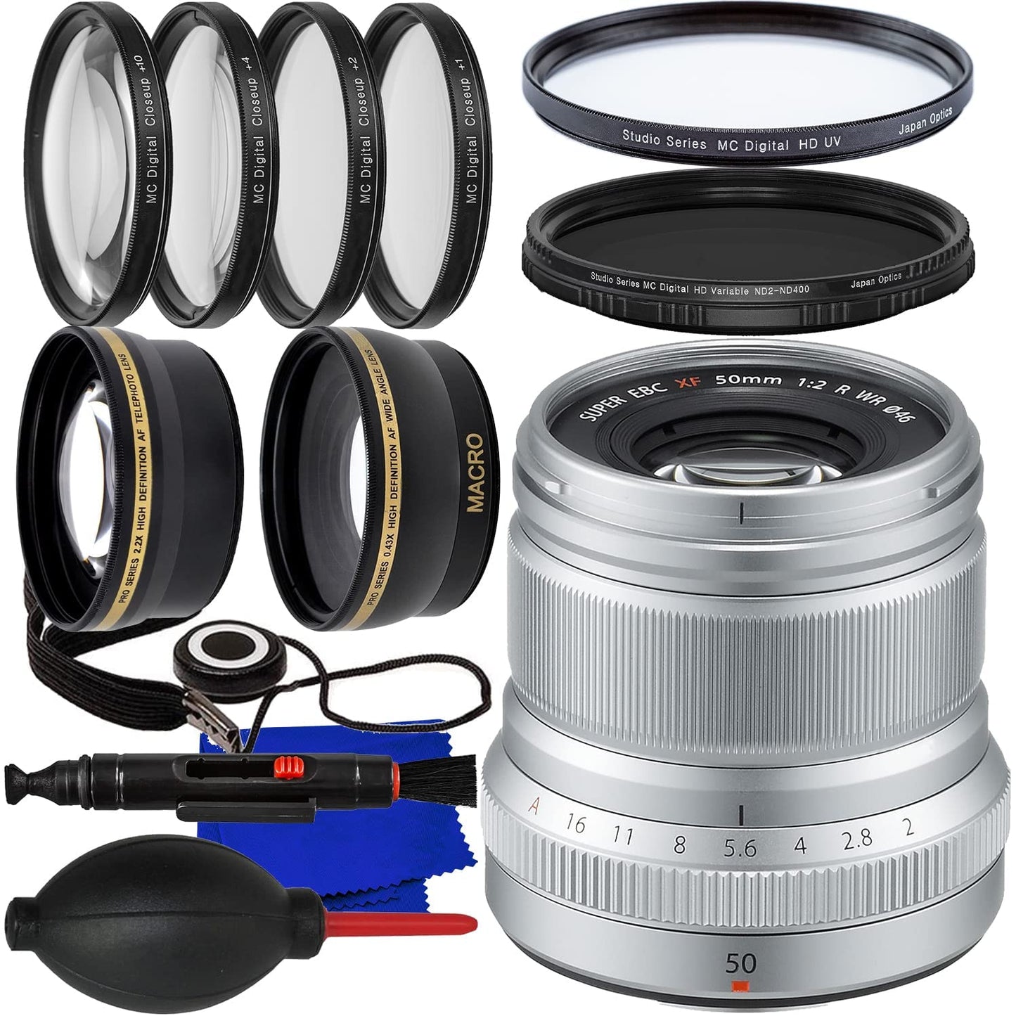 FUJIFILM XF 50mm f/2 R WR Lens (Silver) 16536623 - 10PC Accessory Bundle