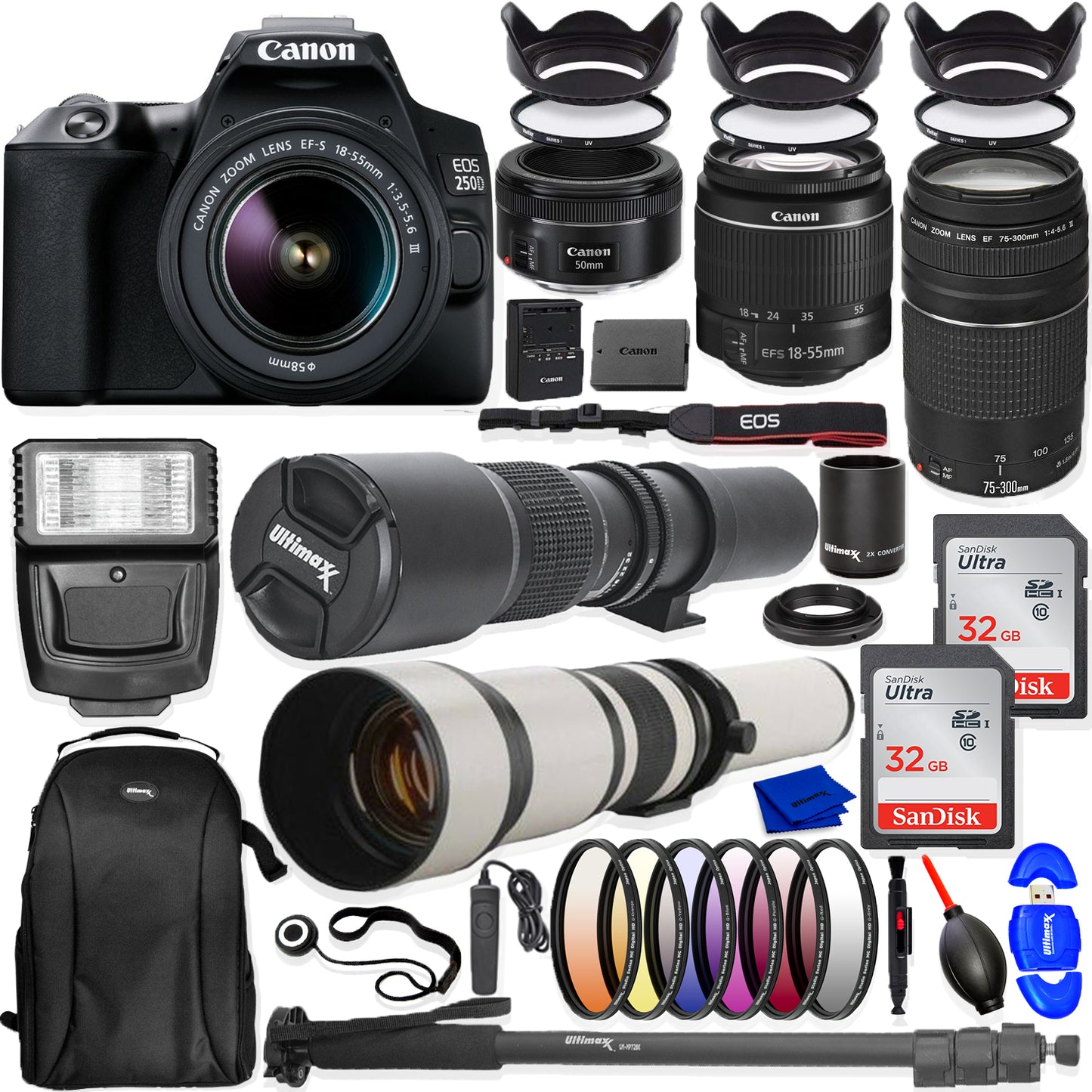 Canon EOS 250D/Rebel SL3 18-55 mm + 75-300 mm + 50 mm STM 5 OBJECTIF Top Value Bundle