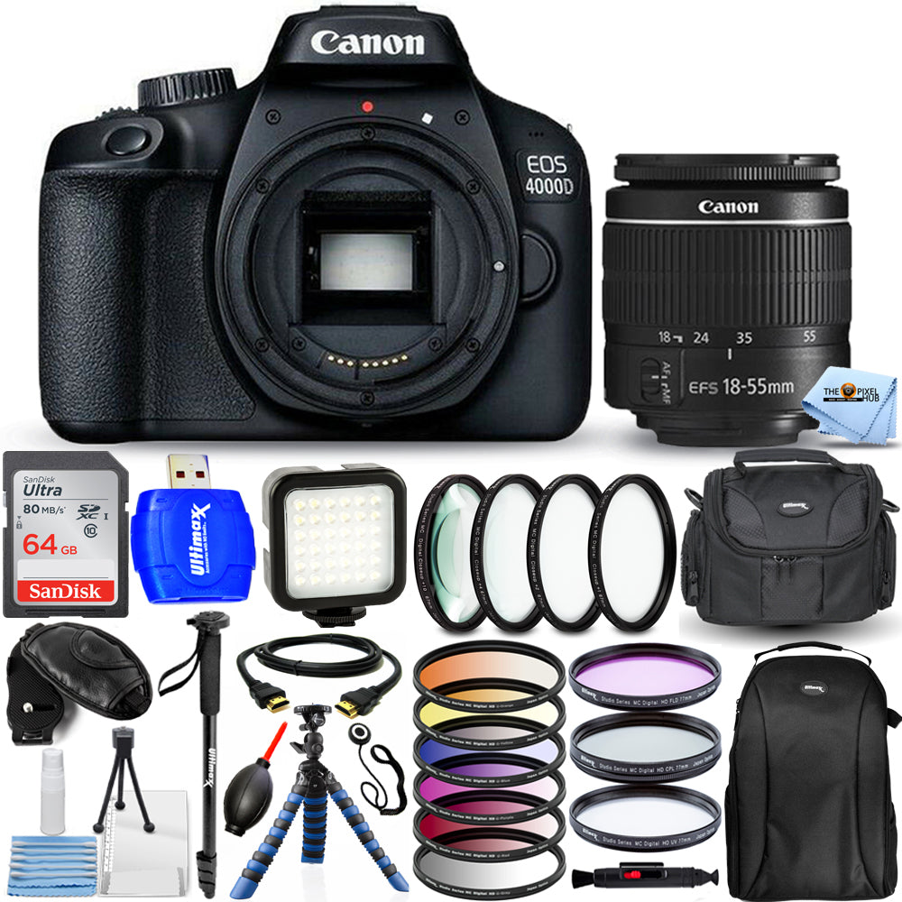 Canon EOS 4000D/Rebel T100 avec 18-55 mm + 64 Go + kit de filtres + ensemble sac à dos