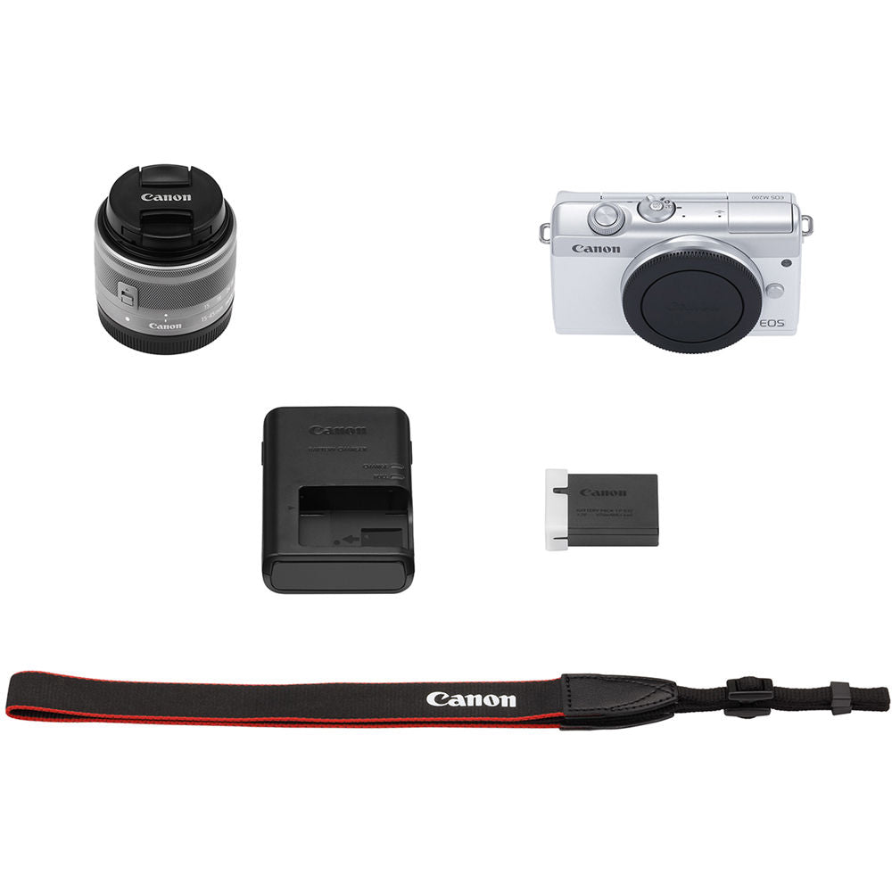 Canon EOS M200 Mirrorless Camera with 15-45mm (White) + 64GB + Flash Bundle