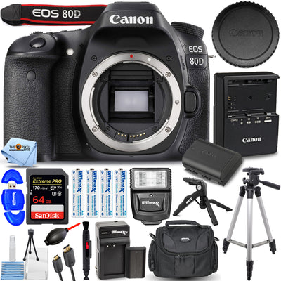 Canon EOS 80D 24.2MP DSLR Camera (Body Only) + EXT BATT + 64GB + Flash Bundle