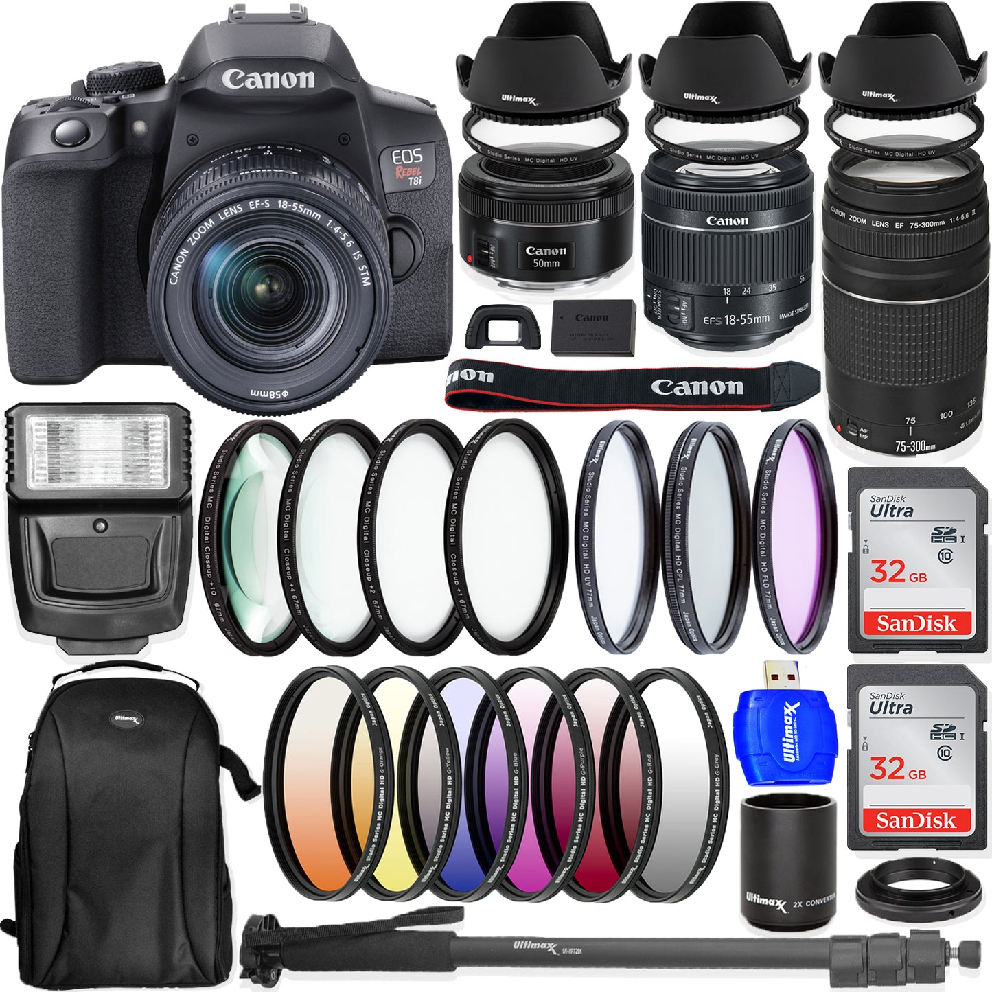 Canon EOS Rebel T8i avec objectifs 18-55 mm + 75-300 mm - Offre groupée de 64 Go de qualité supérieure