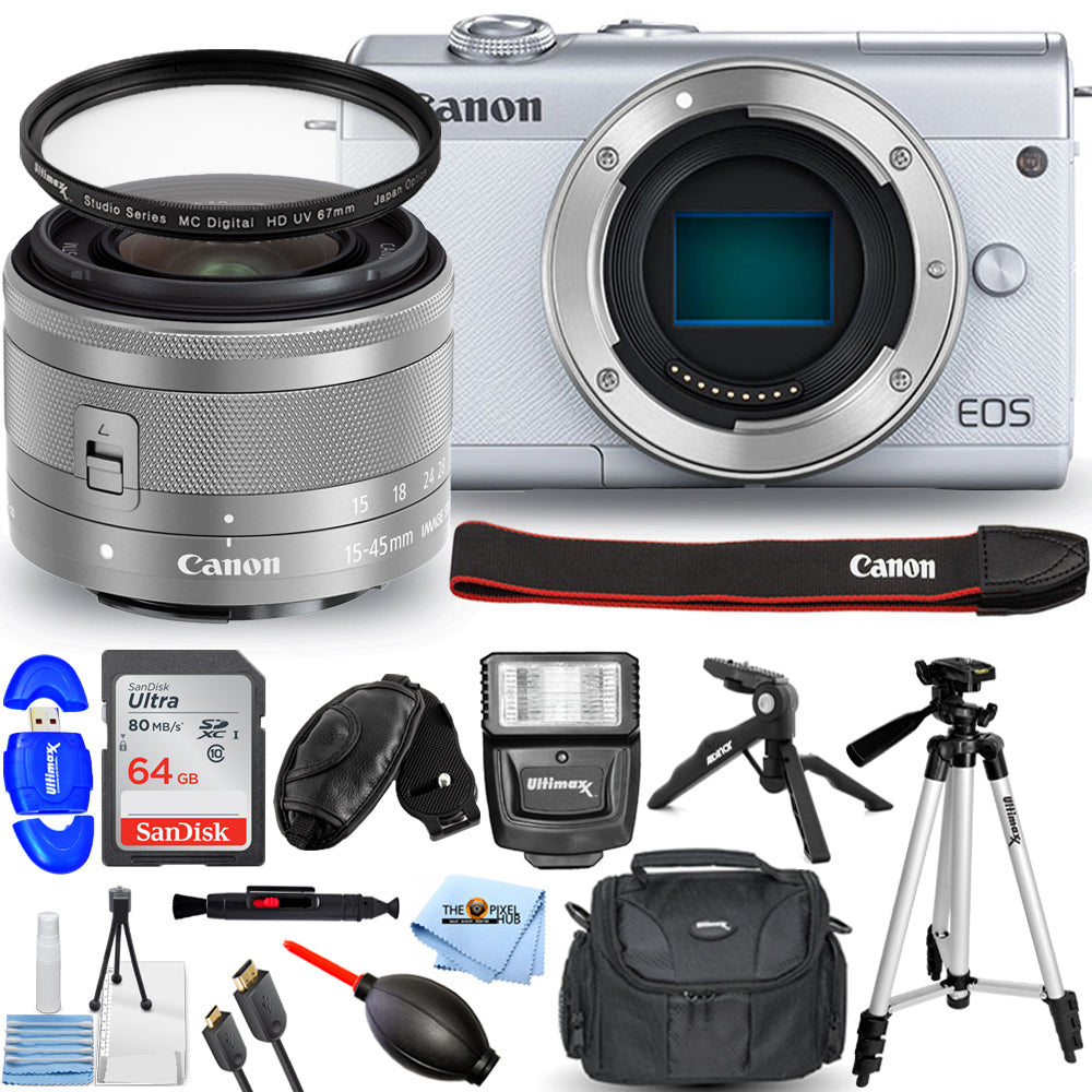 Appareil photo sans miroir Canon EOS M200 avec 15-45 mm (blanc) + 64 Go + pack flash