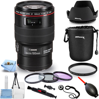 Objectif Canon EF 100 mm f/2,8L Macro IS USM + kit de filtres + pochette d'objectif